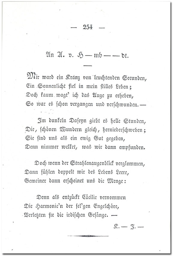 HiN | K. Zielnica "Sonett An A. v. H-mbdt von Karoline von Jaenisch in: Das Nordlicht, Dresden und Leipzig 1833."